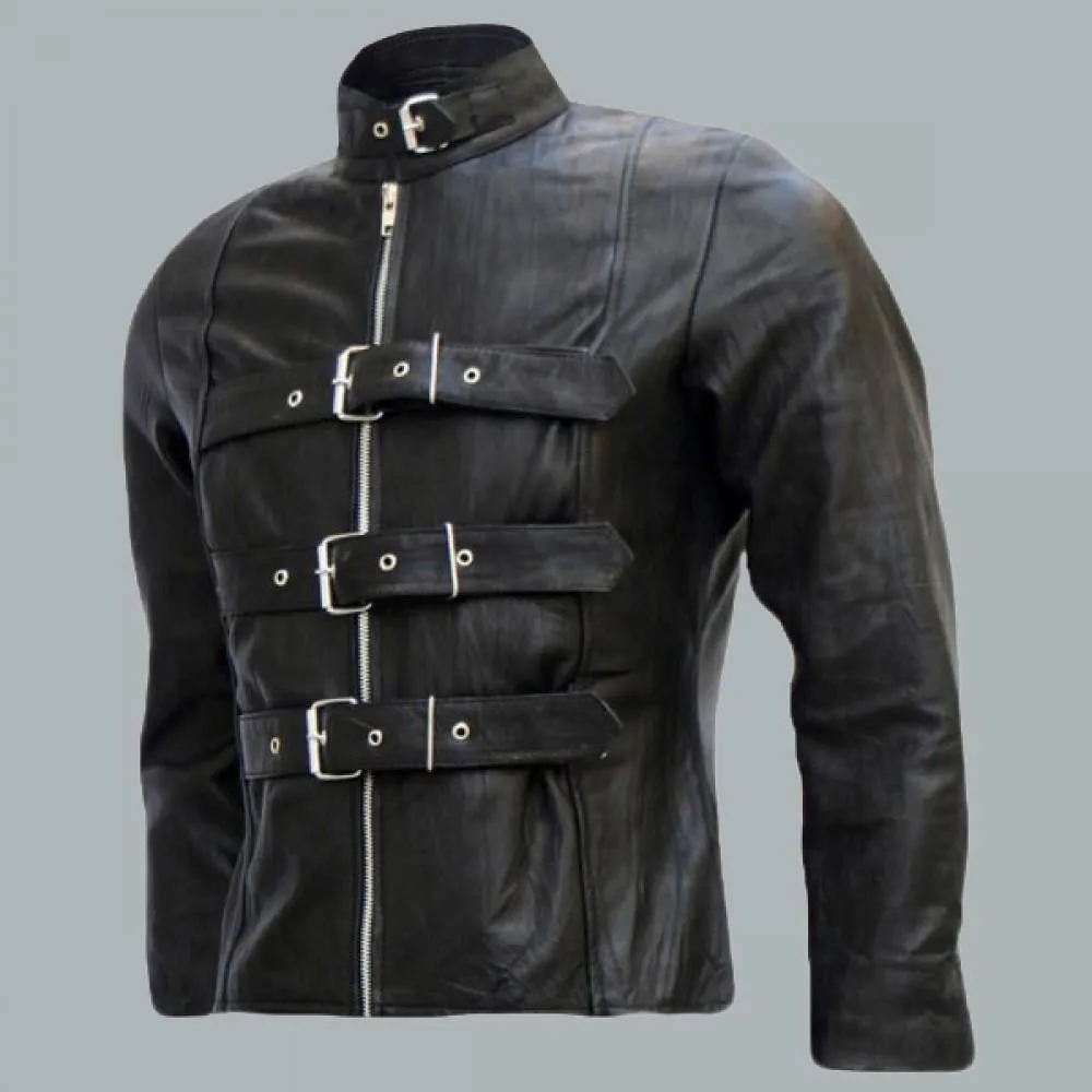 Belted Men's Black Leather Biker Jacket