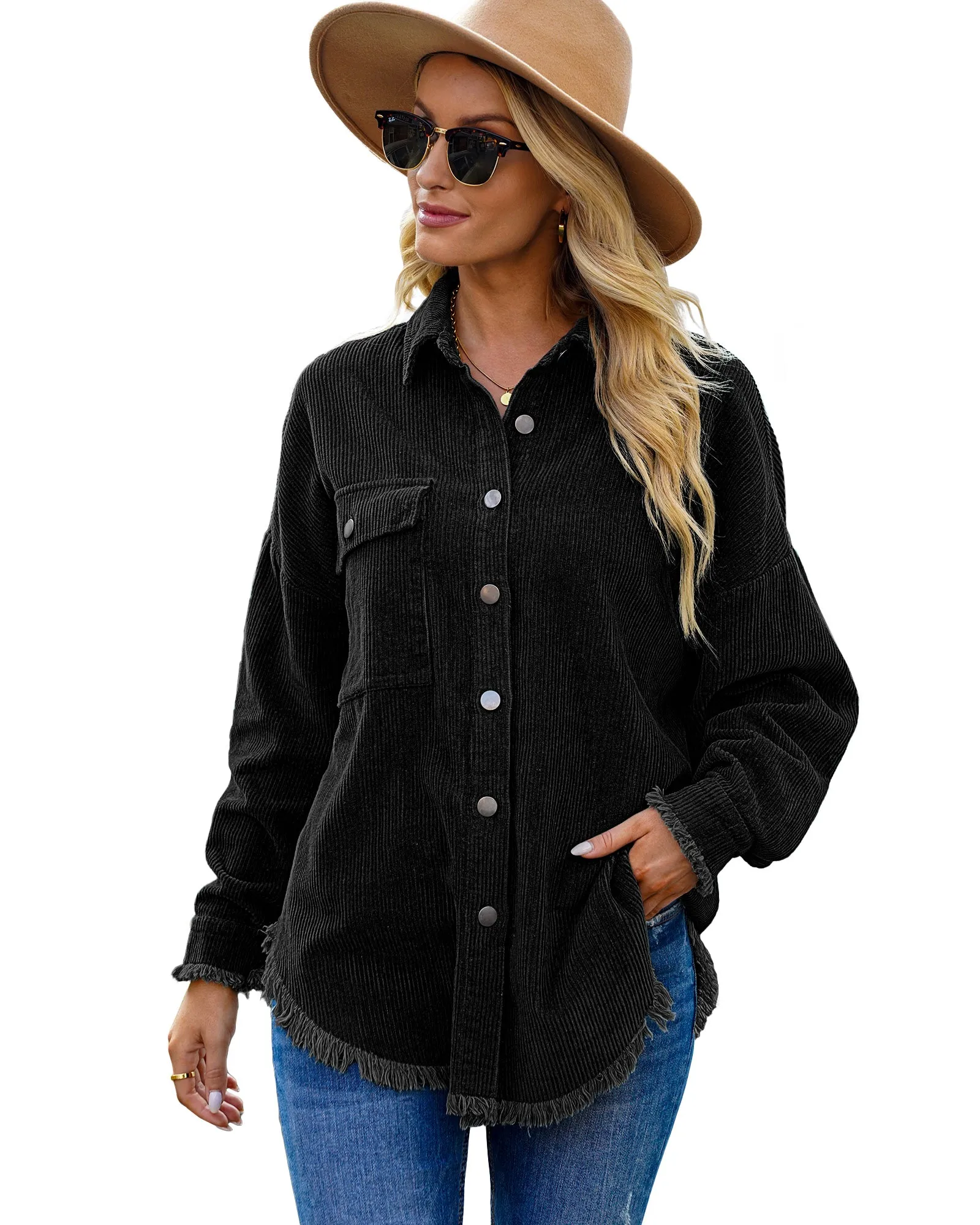 Black Drop Shoulders Contrast Corduroy Button-Down Jacket