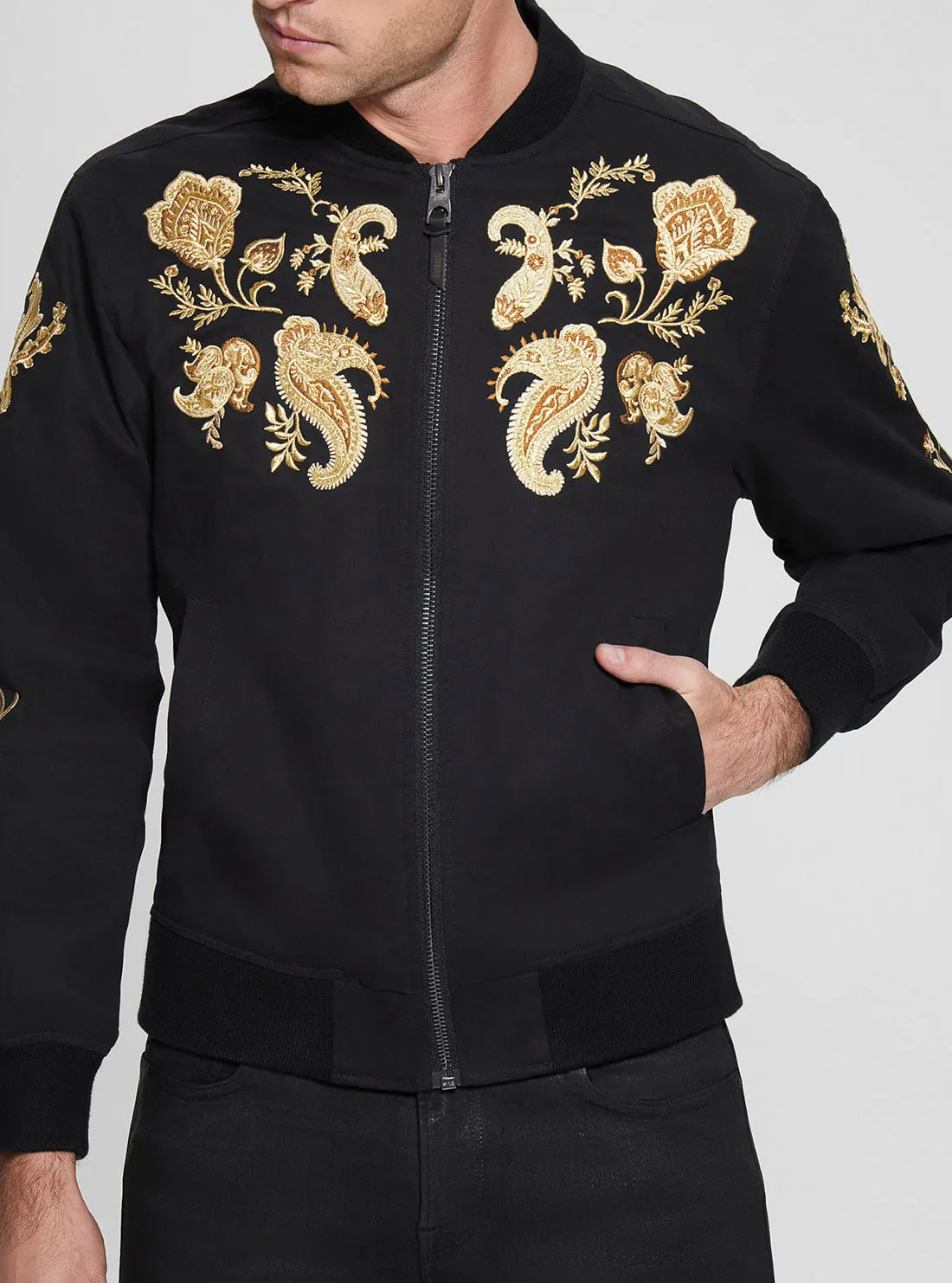 Black Maxim Embroidered Bomber Jacket