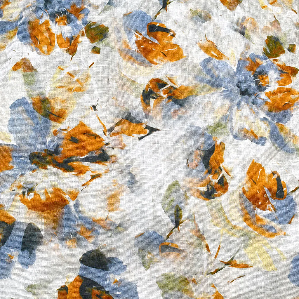 Brushstroke Floral Digital Print Linen Shirting Rust/Denim