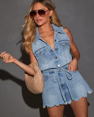 Casual Times Tie Waist Frayed Hem Denim Romper