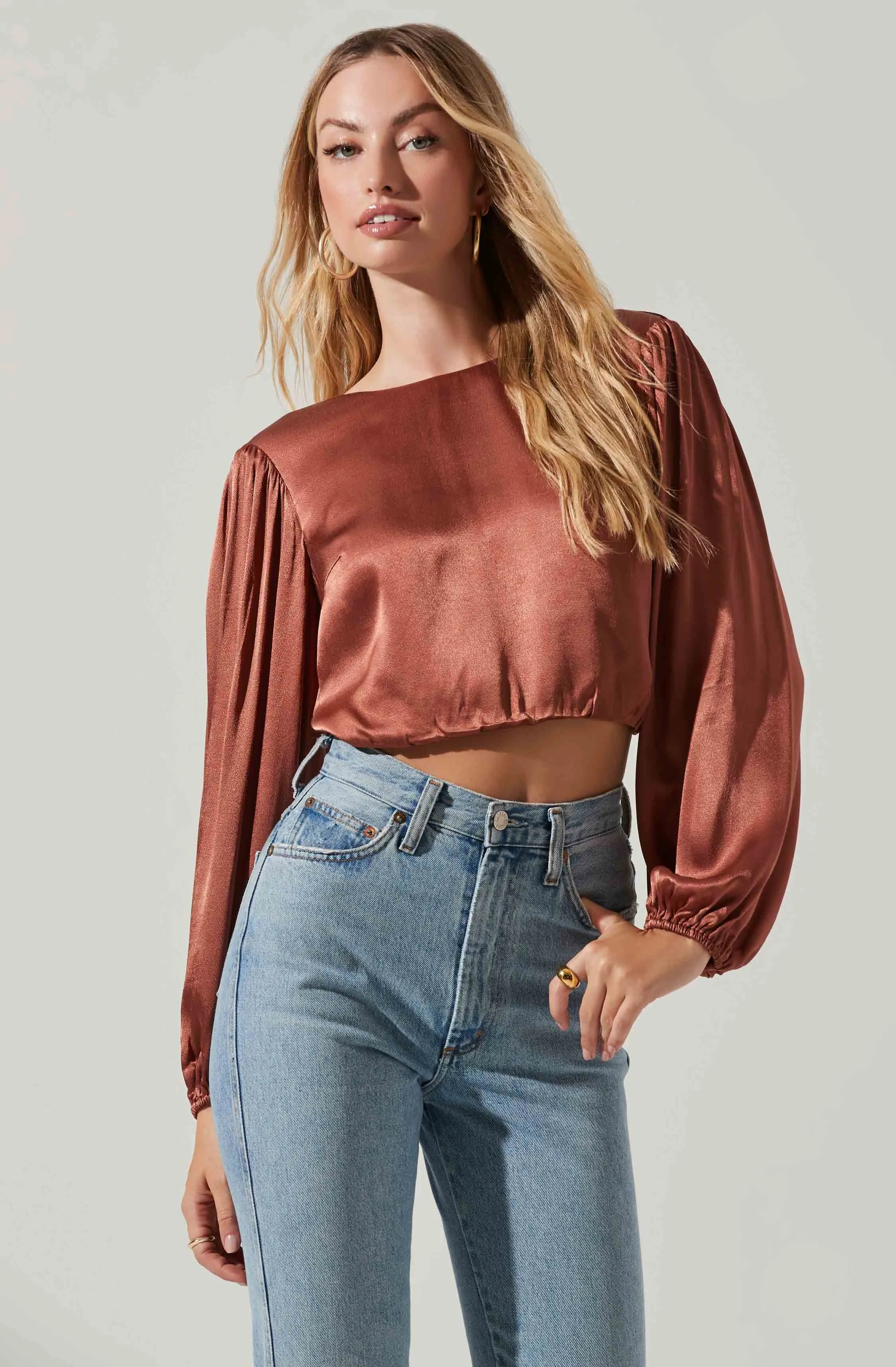 Deja Satin Open Back Long Sleeve Crop Top