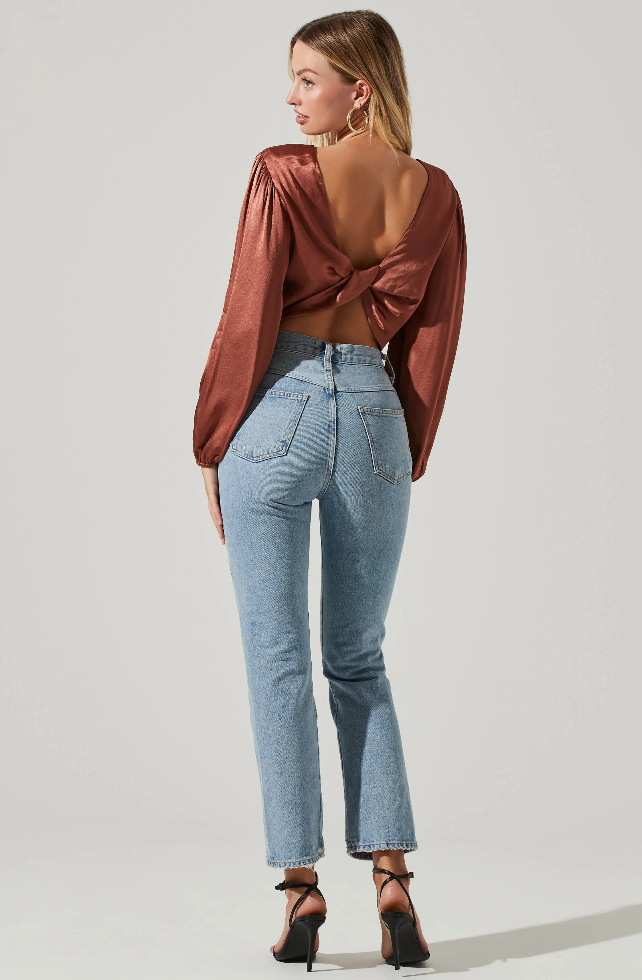 Deja Satin Open Back Long Sleeve Crop Top