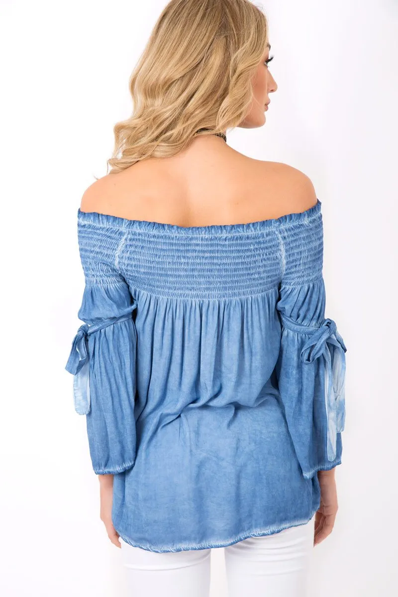 Denim Off Shoulder Tie Sleeve Top - Sammy