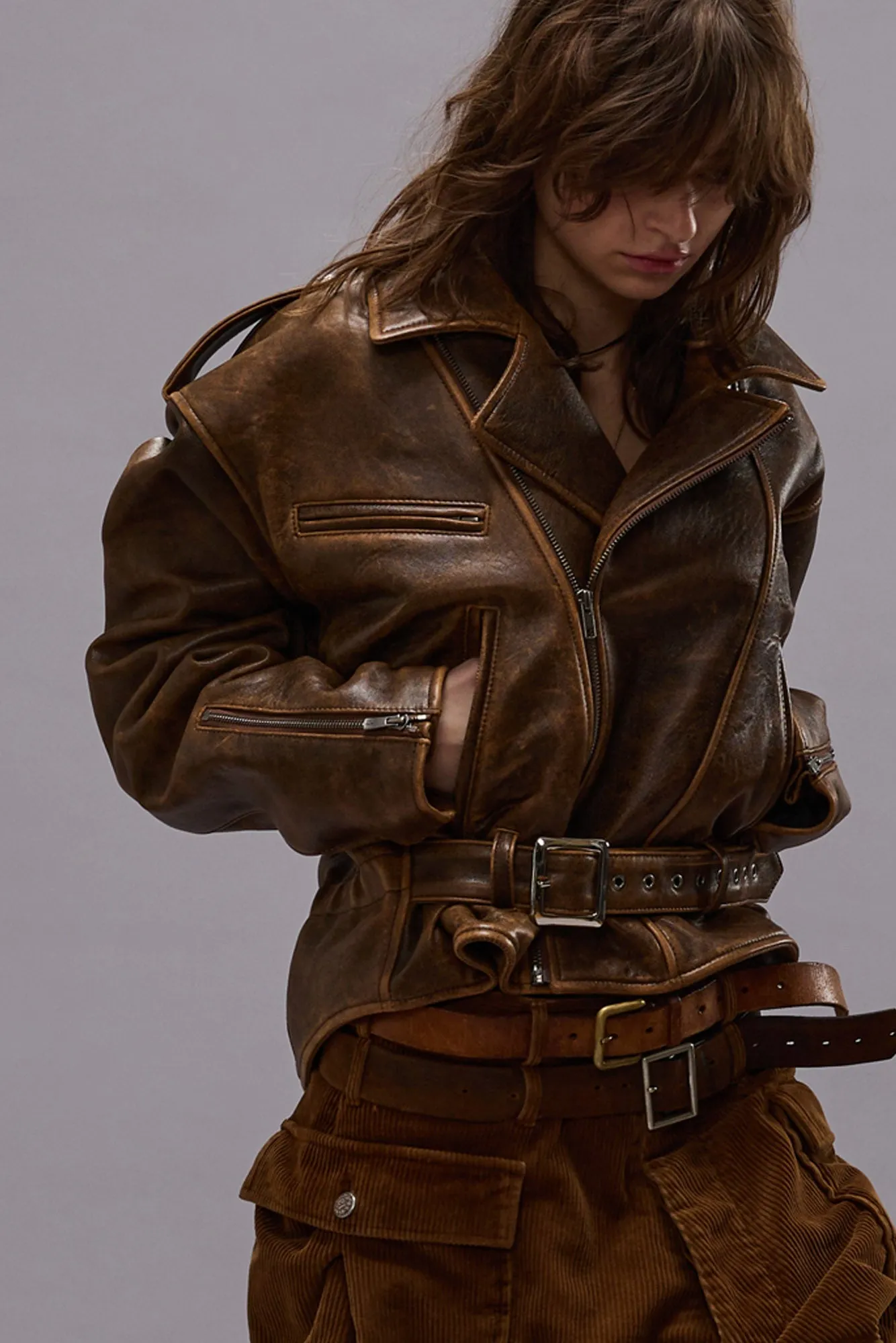 EXAGGERATED SHOULDER MOTORCYCLE JACKET - BROWN LEATHER