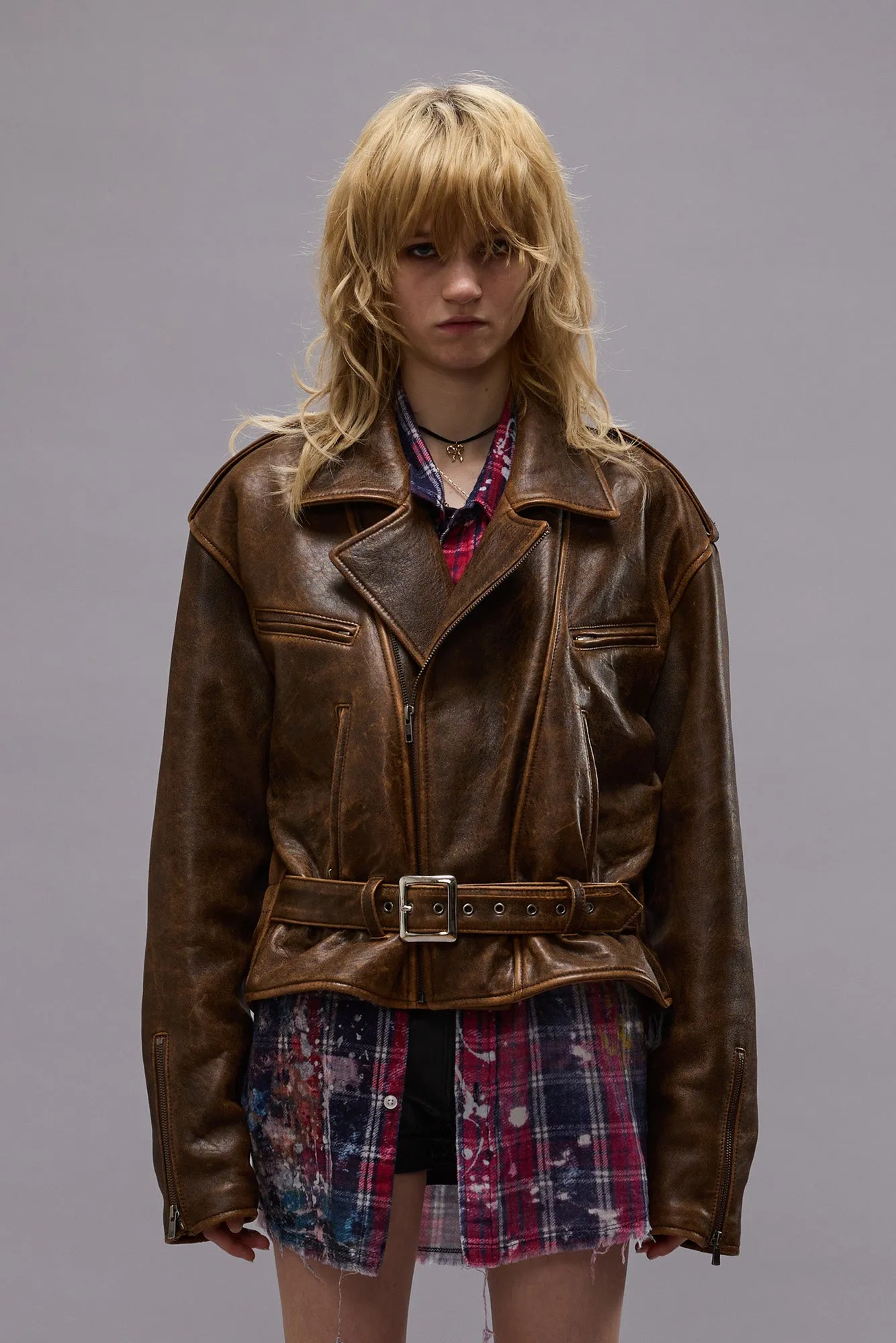 EXAGGERATED SHOULDER MOTORCYCLE JACKET - BROWN LEATHER