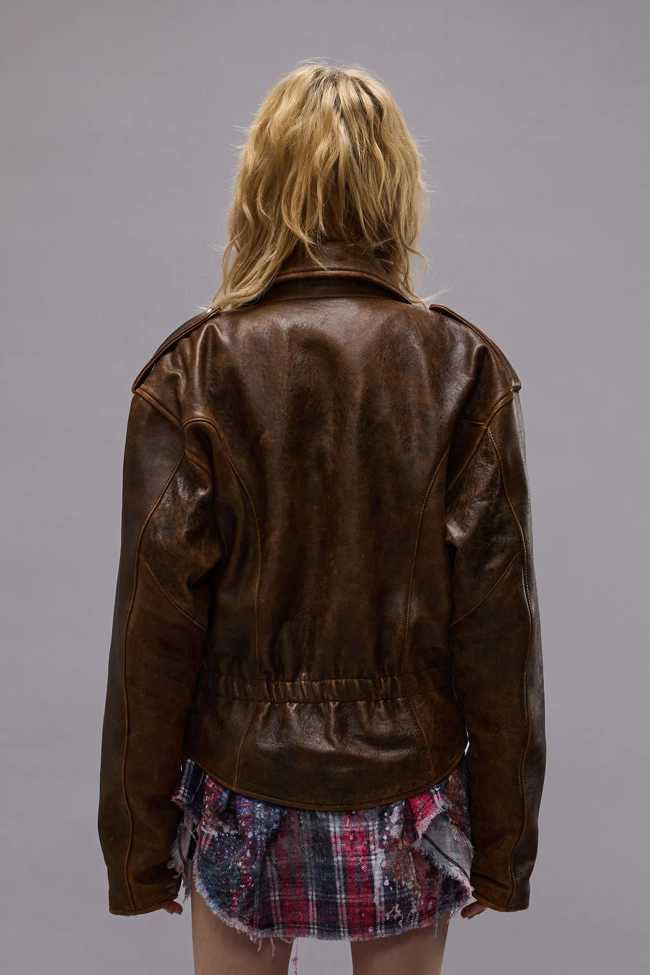 EXAGGERATED SHOULDER MOTORCYCLE JACKET - BROWN LEATHER