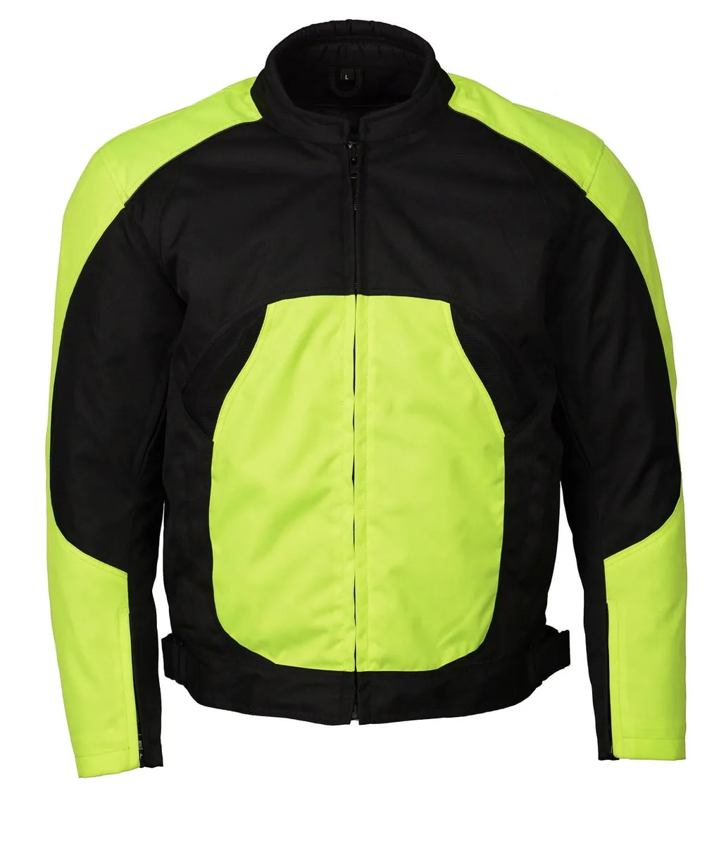 M Boss Motorcycle Apparel BOS11701 Men's High-Vis Green Nylon Motorcycle Racer Riding Jacket with Mesh Panel Black