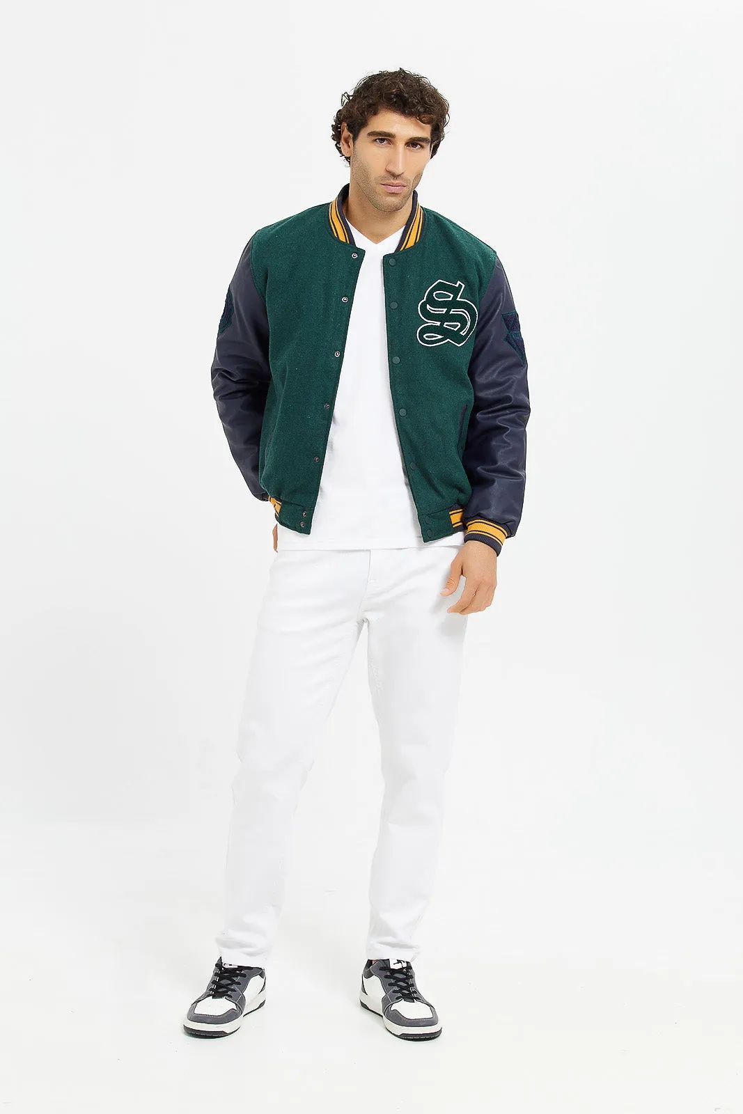 Men Green Baseball Bomber Jacket