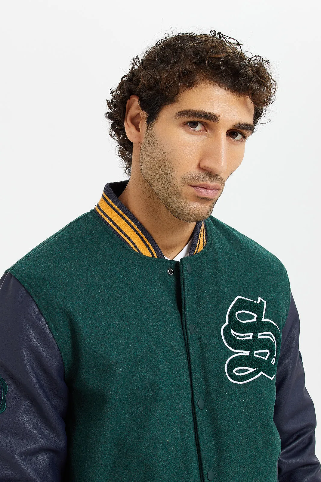 Men Green Baseball Bomber Jacket