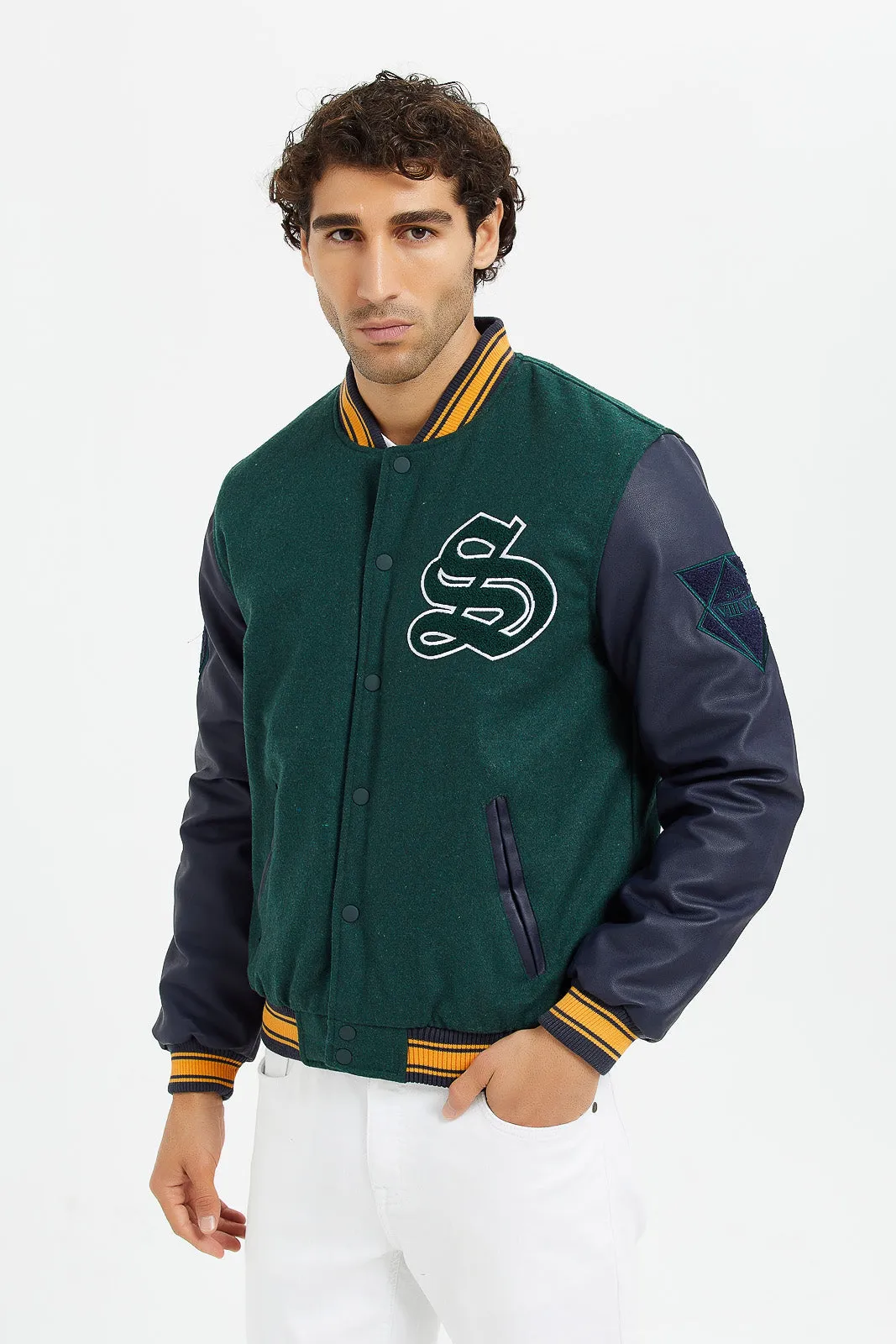 Men Green Baseball Bomber Jacket