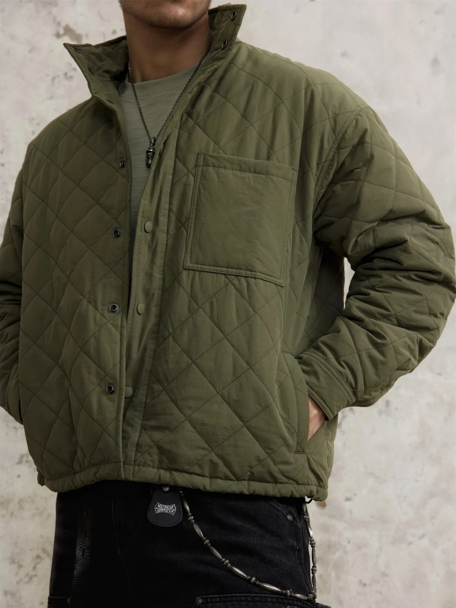 Men's Argyle Quilted Military Style Jacket with Stand Collar