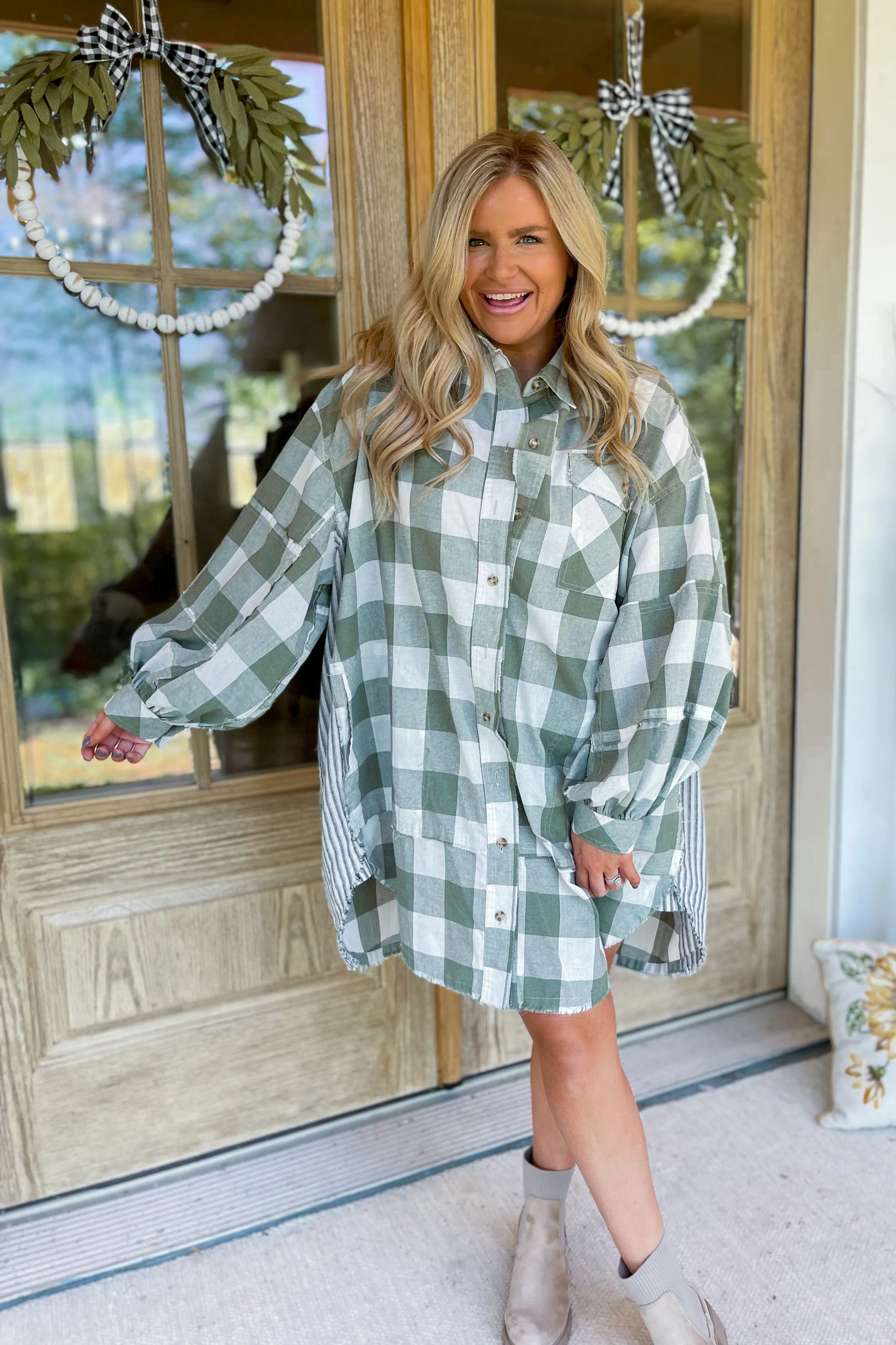 Sage Long Sleeve Check Board Patterned Shirt Dress *FINAL SALE*