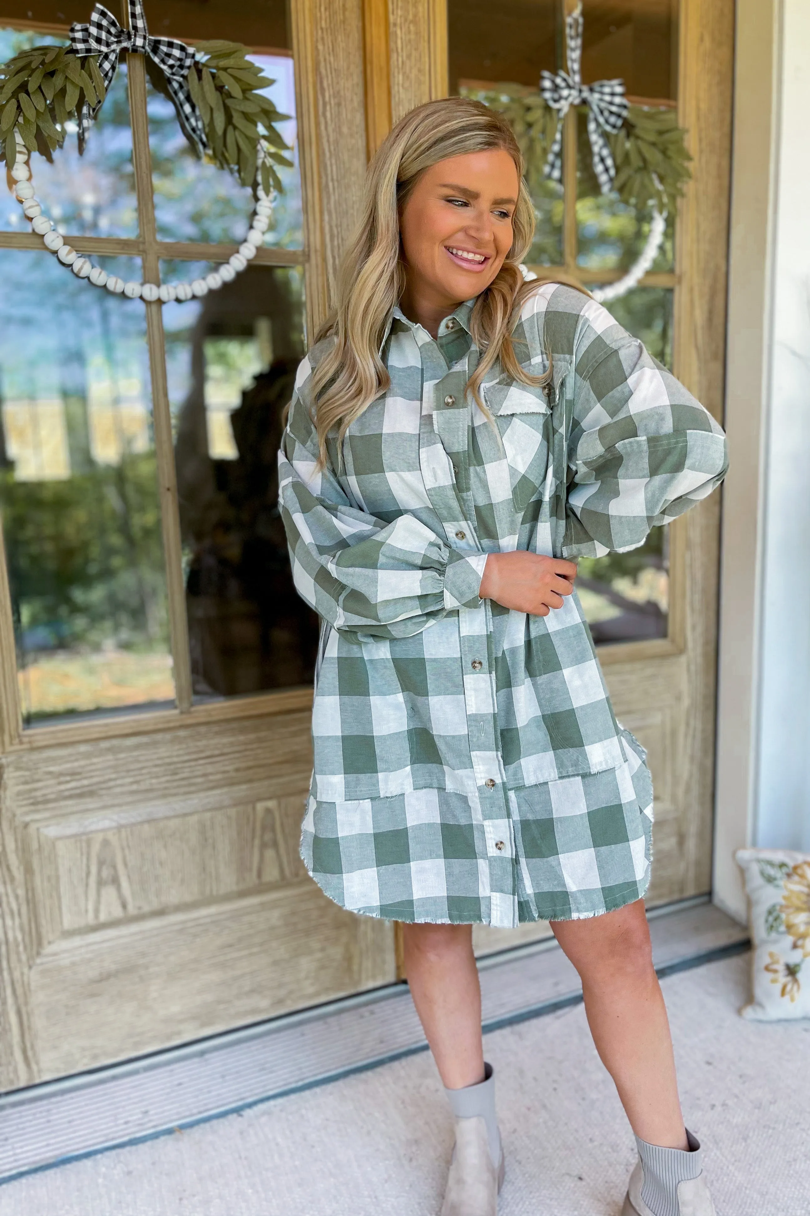 Sage Long Sleeve Check Board Patterned Shirt Dress *FINAL SALE*