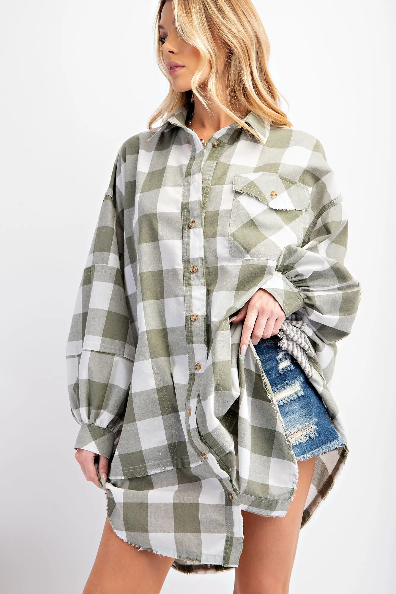 Sage Long Sleeve Check Board Patterned Shirt Dress *FINAL SALE*