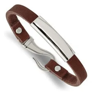 Stainless Steel Polished and Reddish Brown Leather ID Bracelet