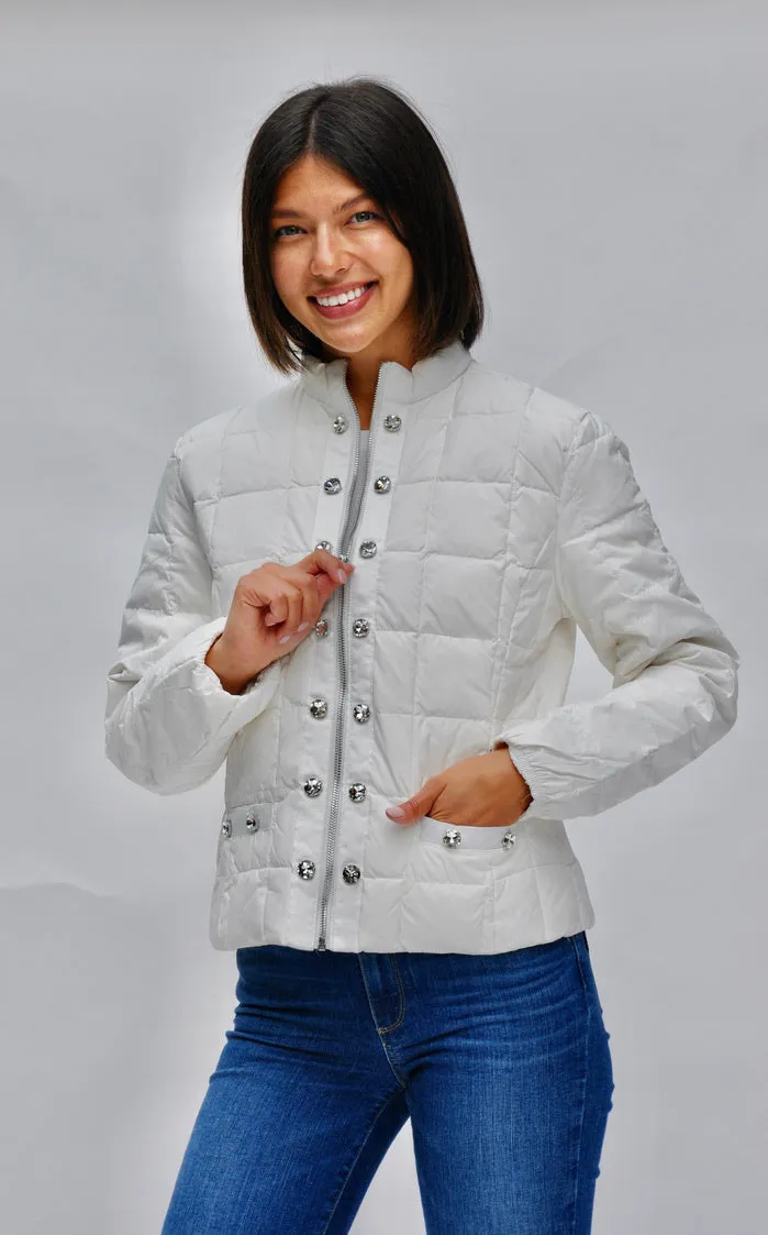 White Down Jacket with Jewel Buttons