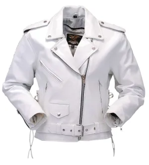 Women's White Leather Motorcycle Jacket w/Side Lace #L6027LW