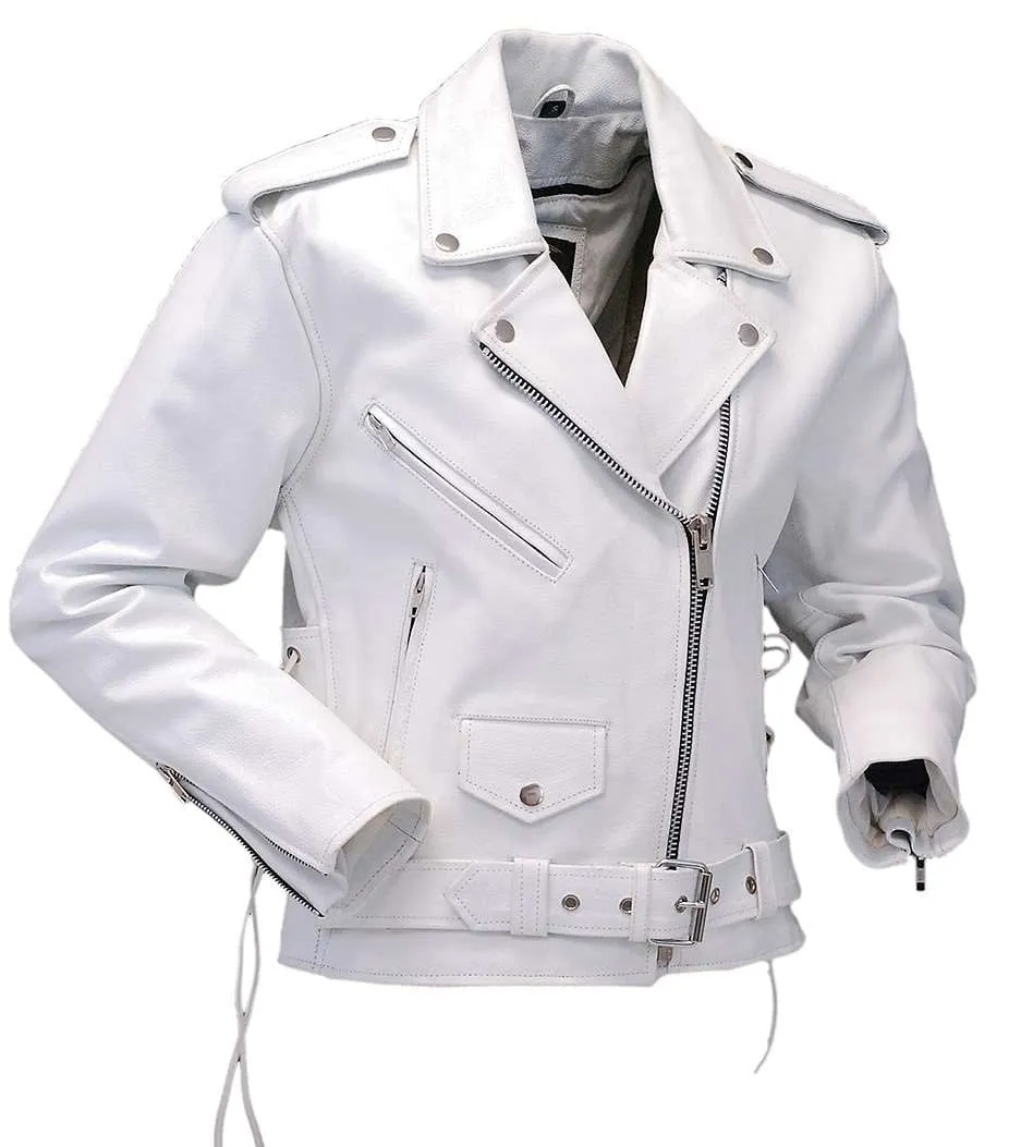 Women's White Leather Motorcycle Jacket w/Side Lace #L6027LW