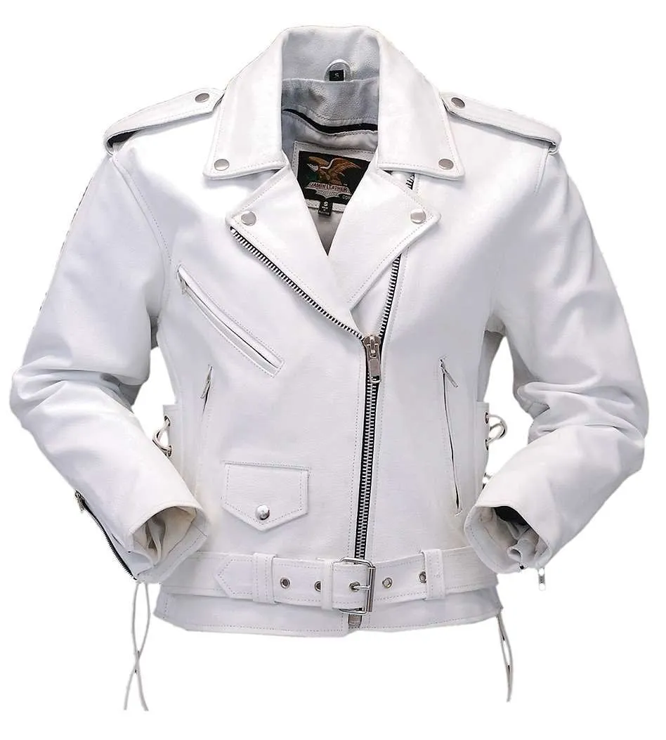 Women's White Leather Motorcycle Jacket w/Side Lace #L6027LW